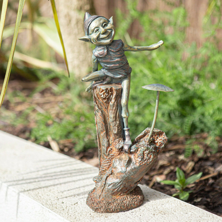 Happy Larry Bronze Effect Elf & Mushroom Garden Ornament Pixie Statue